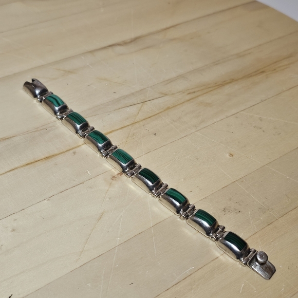 Taxco Mexico Sterling Silver 925 Statement Malachite Inlay Panel Bracelet 7.25in - Picture 2 of 6